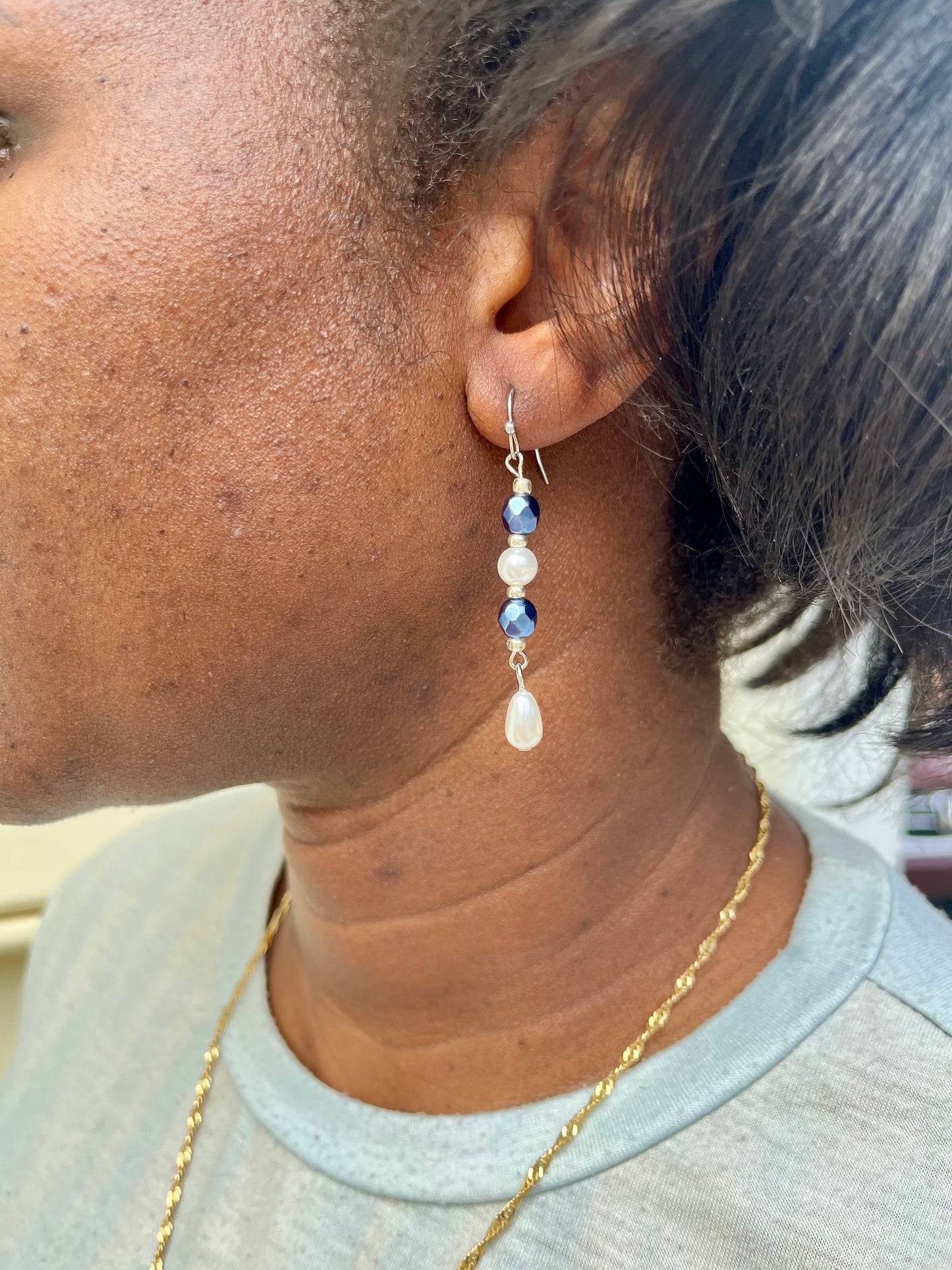Blue Glass and Pearl Drop Earrings
