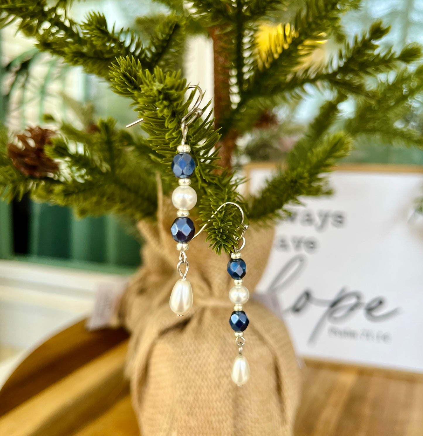 Blue Glass and Pearl Drop Earrings