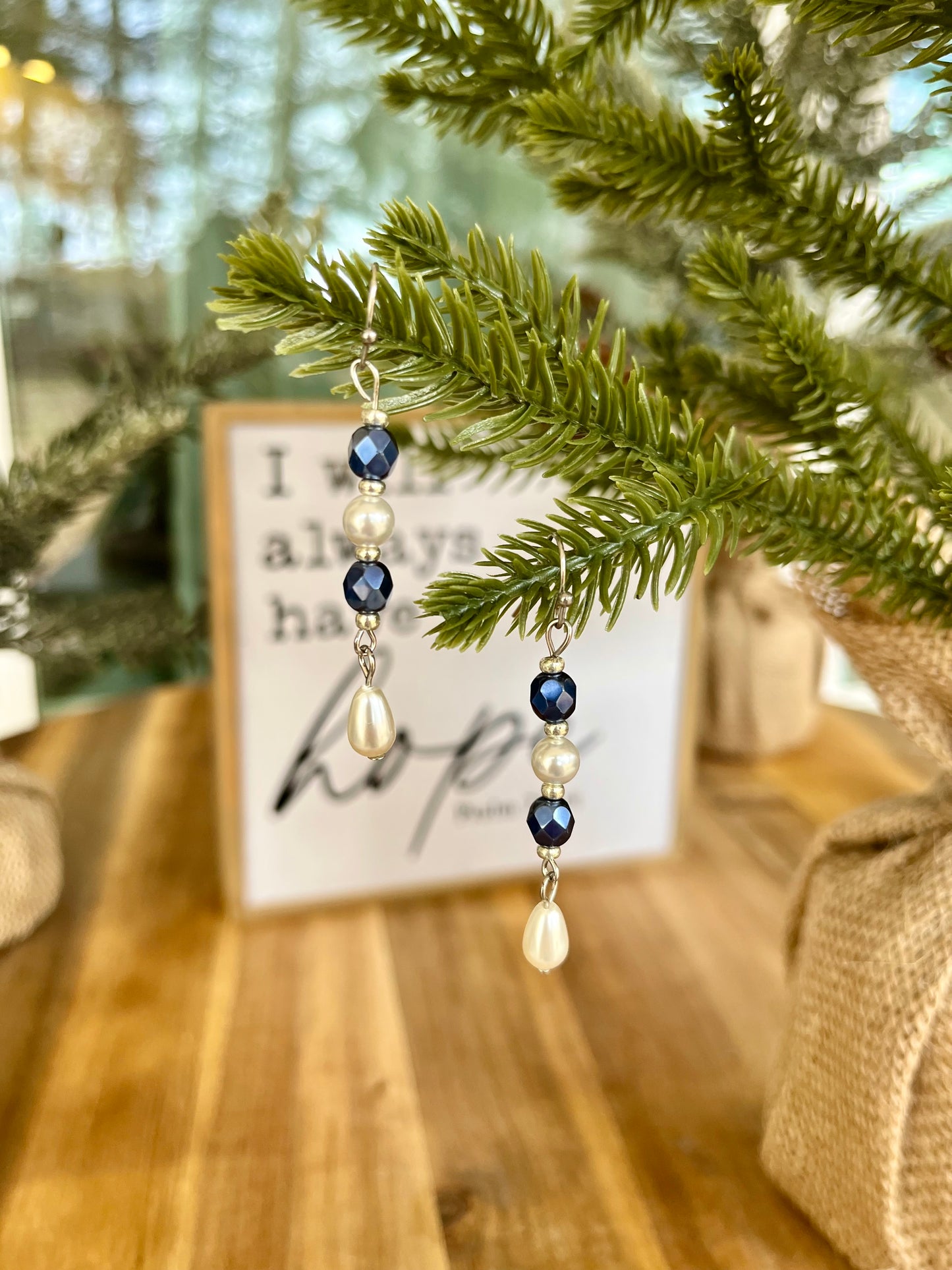 Blue Glass and Pearl Drop Earrings